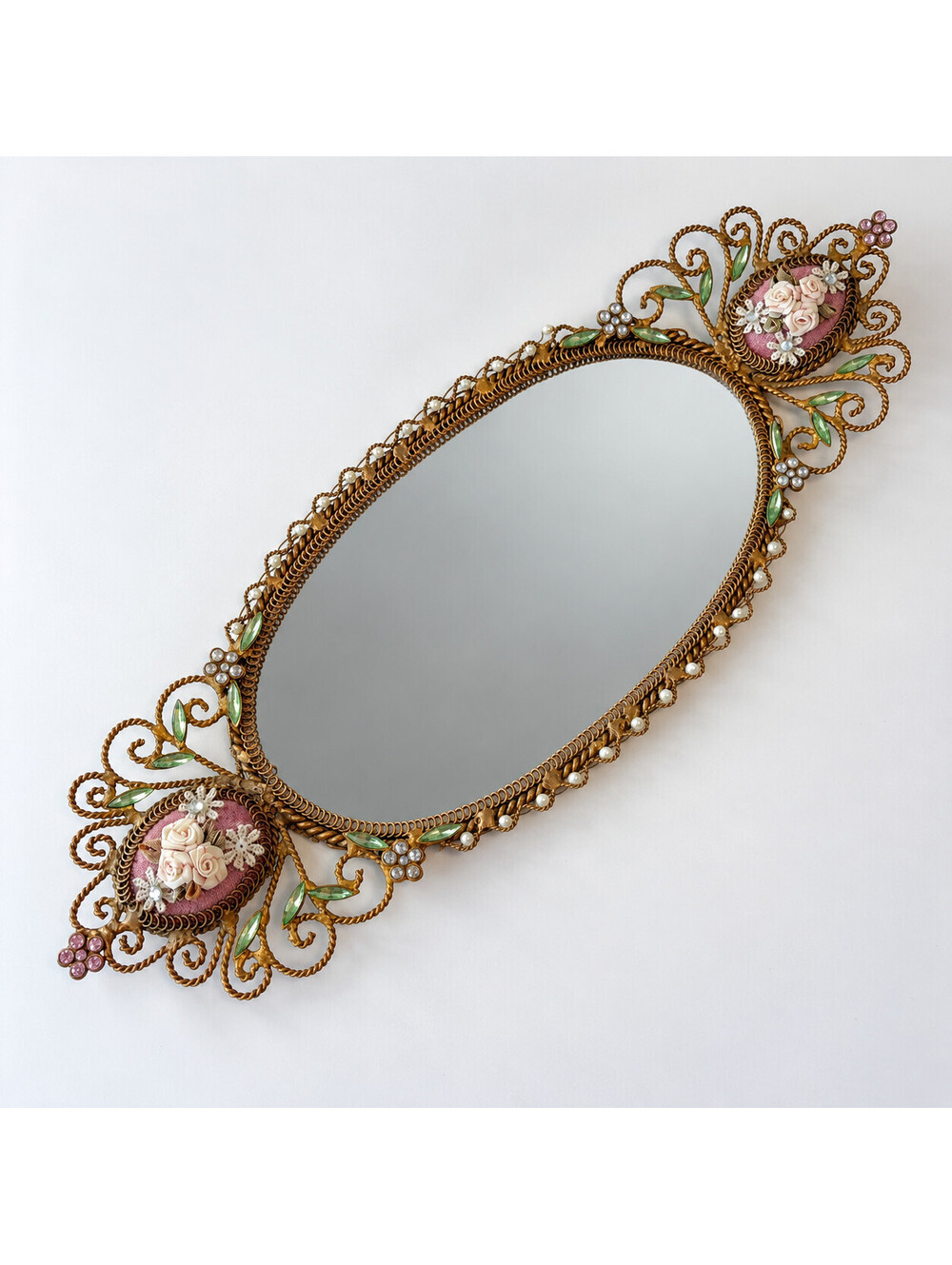 Vintage Gold Tone Filigree Vanity Mirror Tray Ribbon Roses Rhinestones 16"